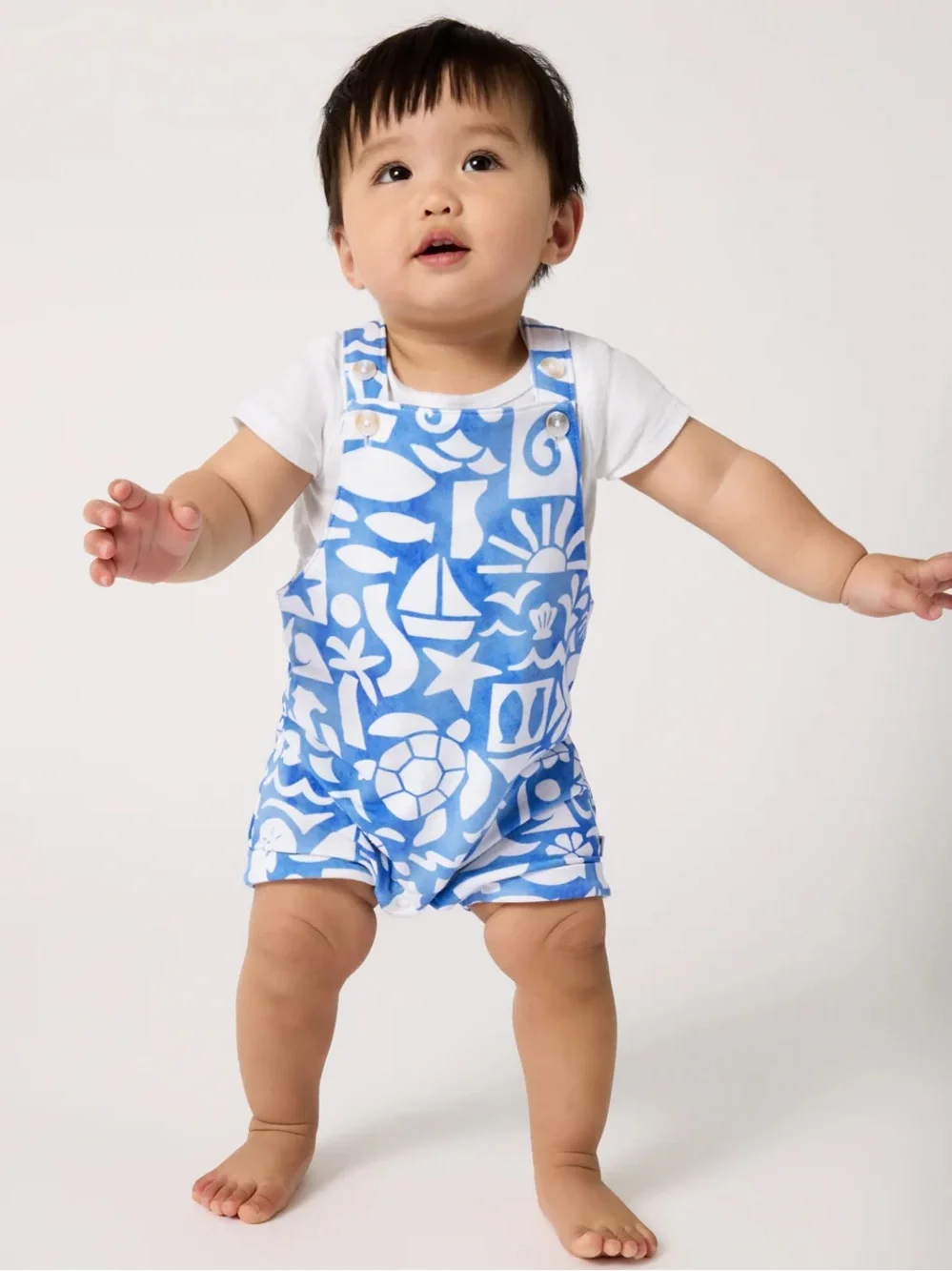 Little Sleepies Blue & White Summer Shores Shorty Overall 12-18M